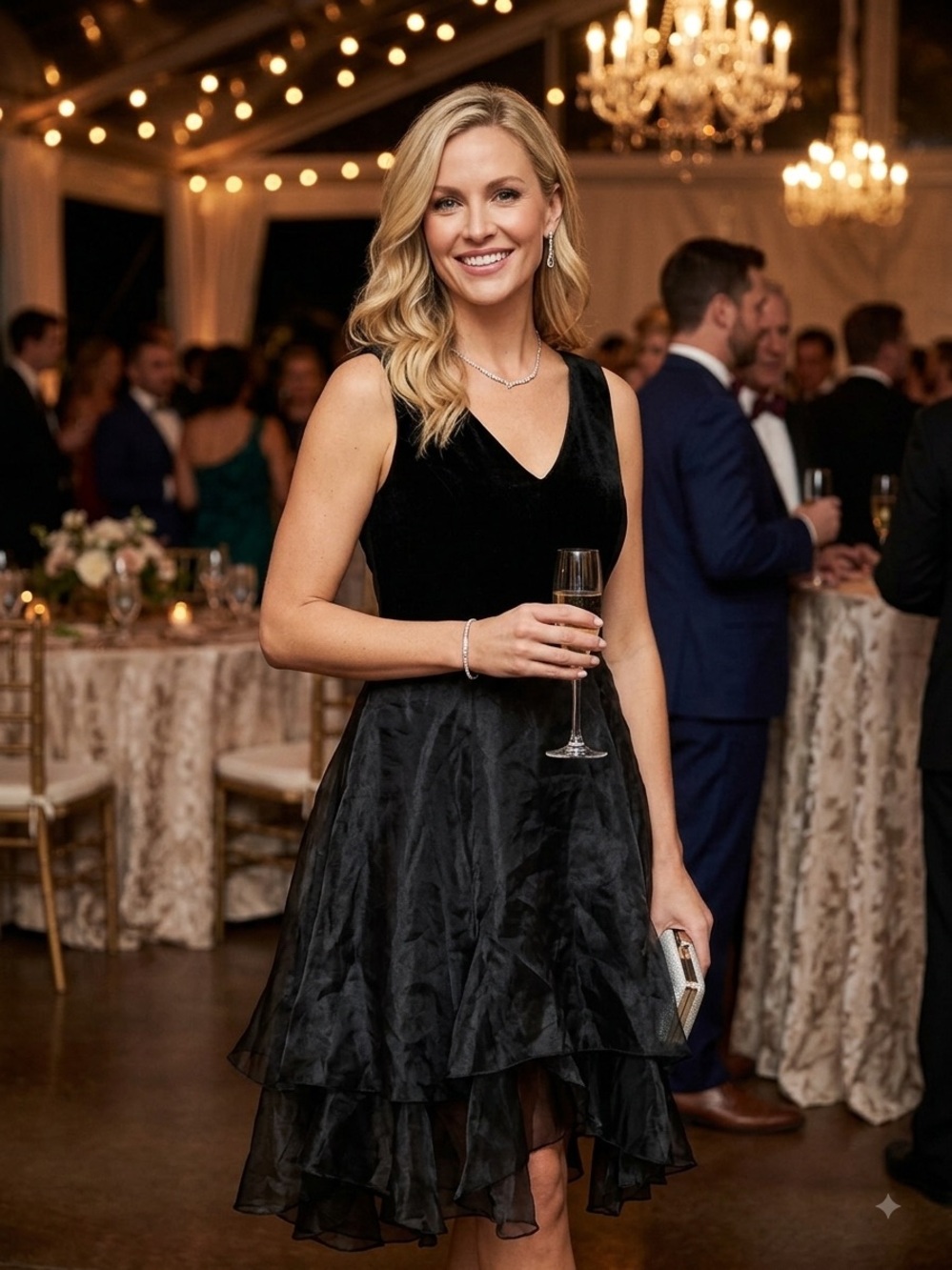 Elegant Black V-Neck Layered Cocktail Skirt